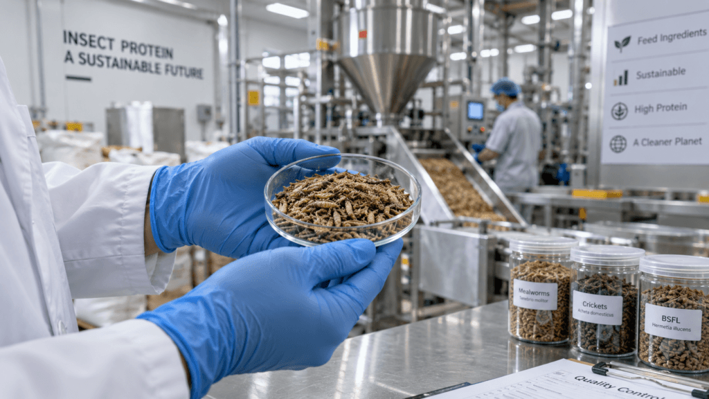 A quality control inspector evaluating product samples from a commercial insect ingredient supplier.