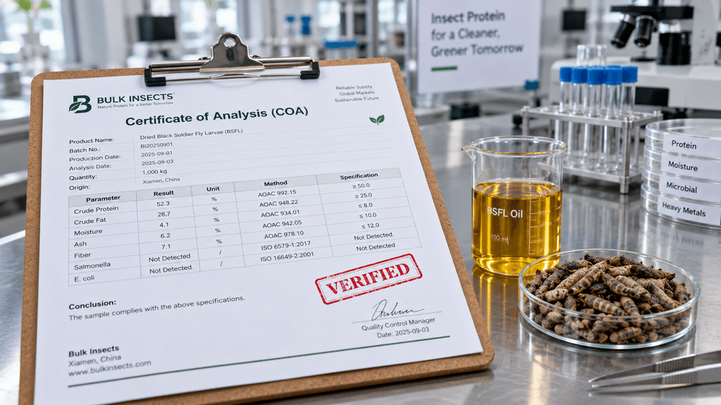 Verifying the Certificate of Analysis (COA) and product samples before ordering from an insect ingredient supplier.