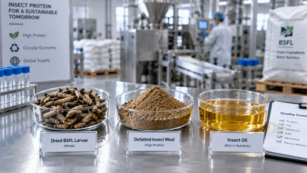 A visual comparison of whole insects vs insect meal and insect oil for commercial feed formulation.