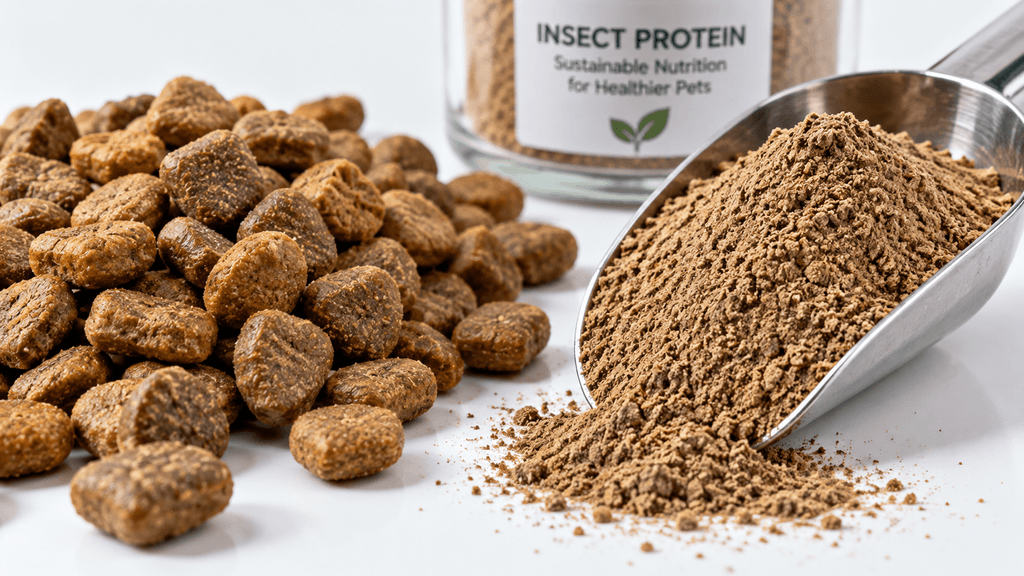 Using high-protein insect meal in extruded pet food kibbles to prevent manufacturing slippage compared to whole insects.
