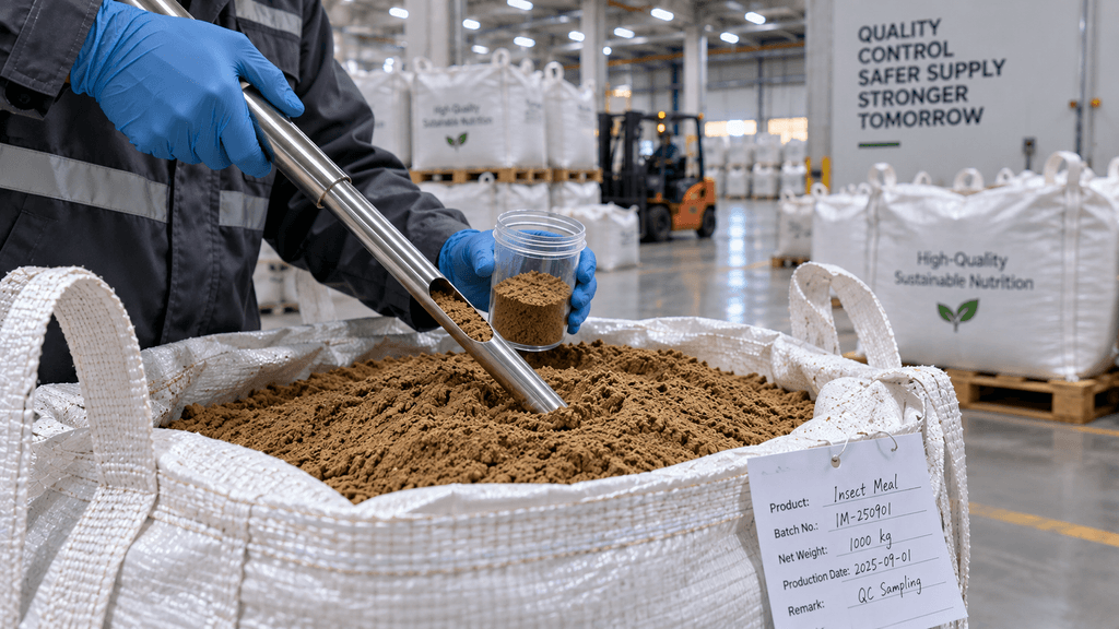 Third-party laboratory testing for heavy metals and moisture in insect meal before shipping.