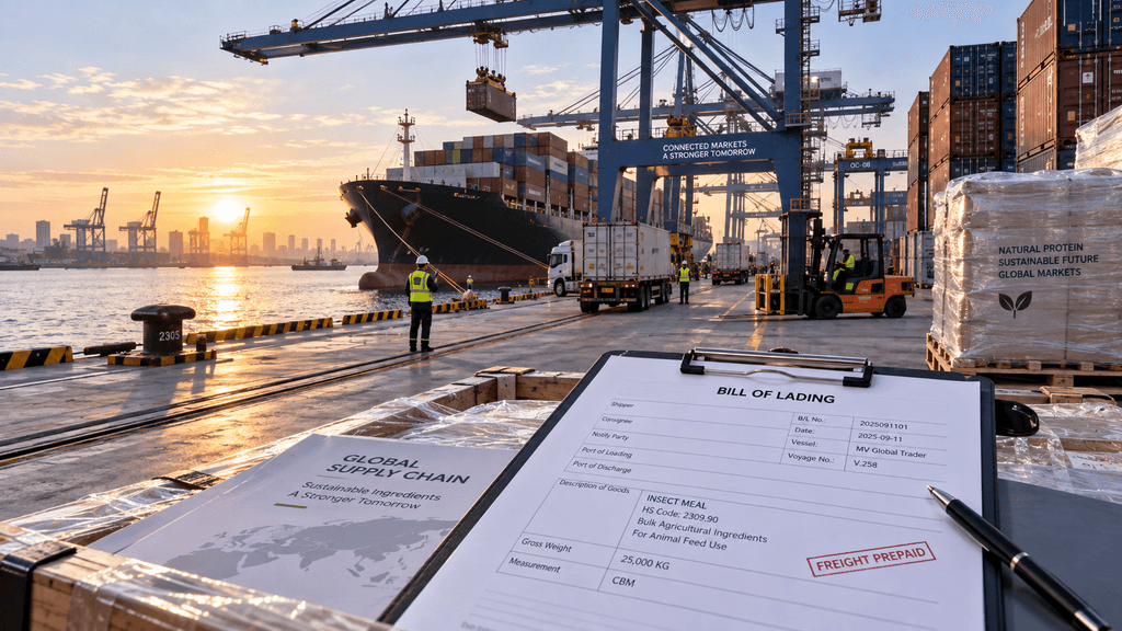 Bulk shipping containers representing the cost-effective supply chain of top insect protein manufacturers in Asia.