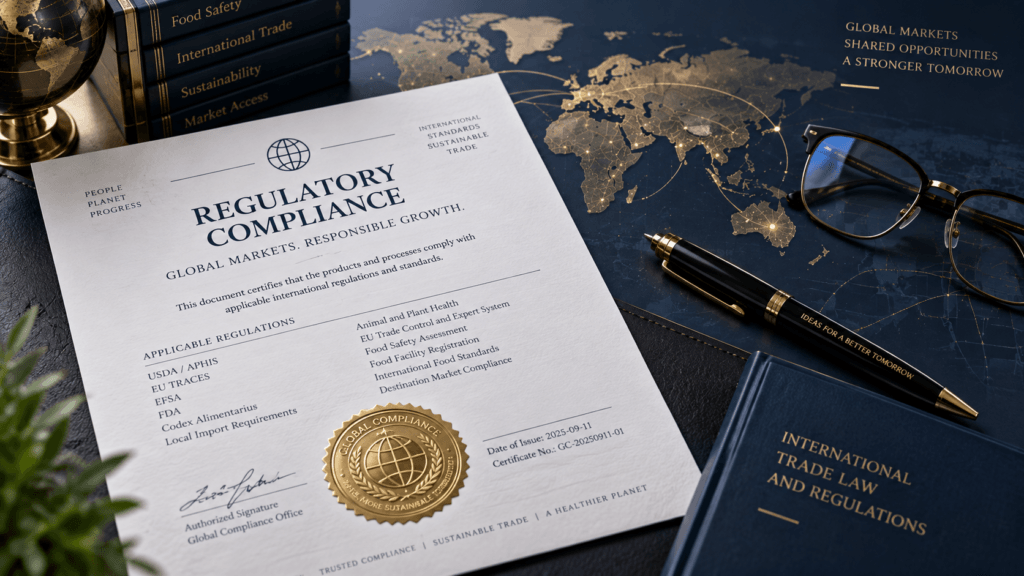 A legal compliance document layered over a world map, representing global insect feed regulations and trade.