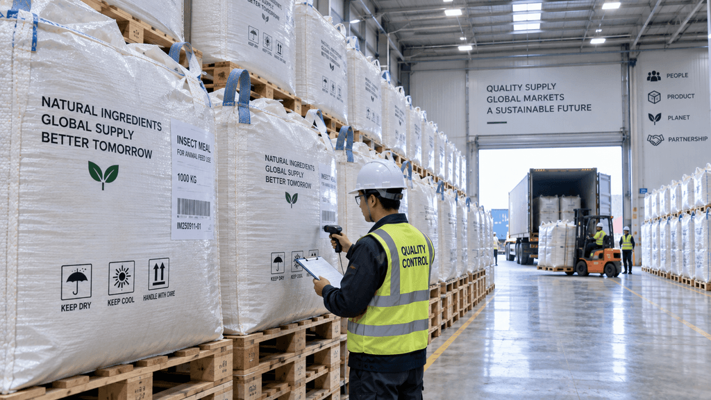 Bulk sacks of dried yellow mealworms stored in a climate-controlled warehouse ready for global export.