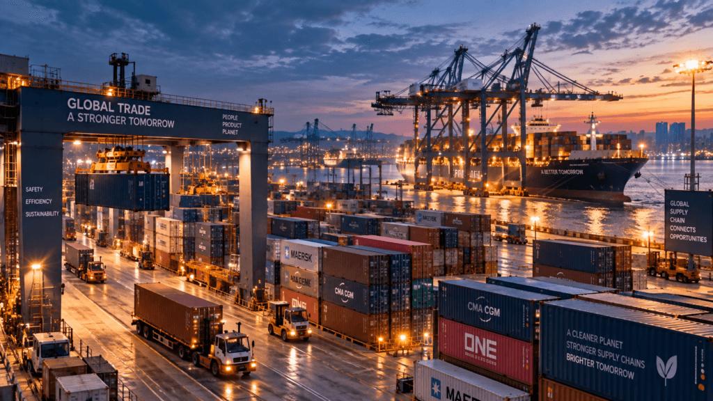 Commercial shipping containers stacked at a port, highlighting insect feed logistics and Q4 global export.