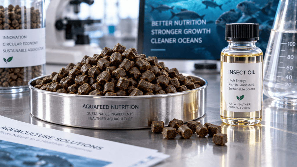 Premium aquaculture feed pellets showcasing the trend of fishmeal replacement with insect protein.