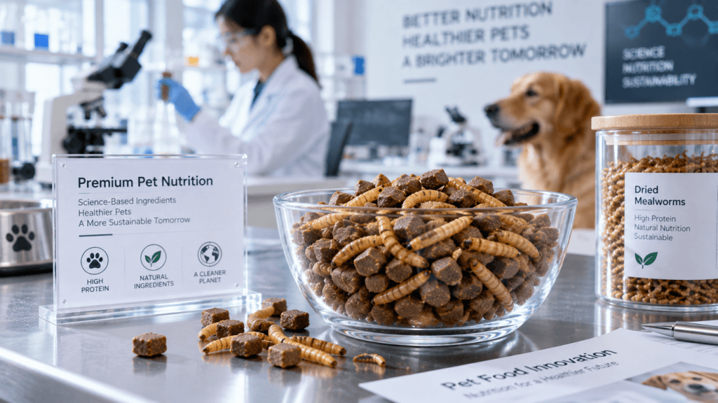 A laboratory setup showing formulation of hypoallergenic pet food, representing new insect pet food trends.