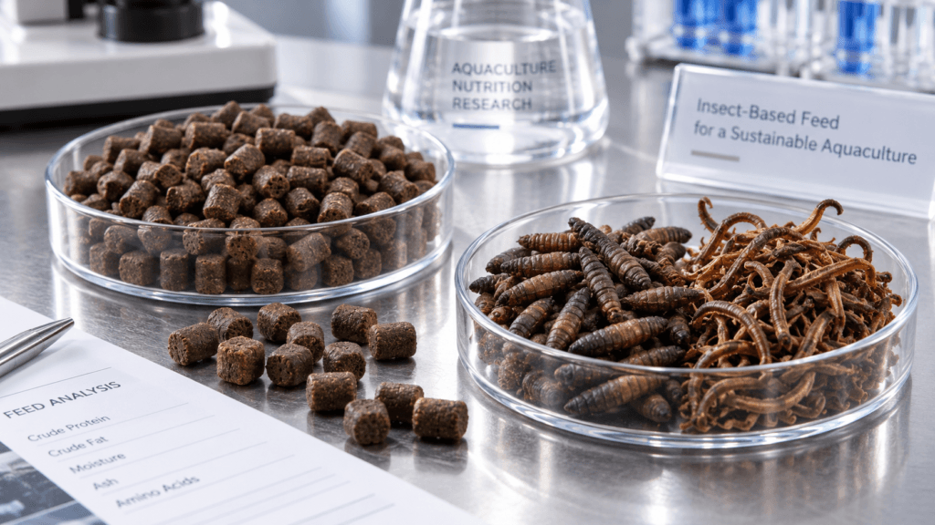 Commercial aquaculture feed pellets and dried insect ingredients representing bsfl in aquaculture nutrition.