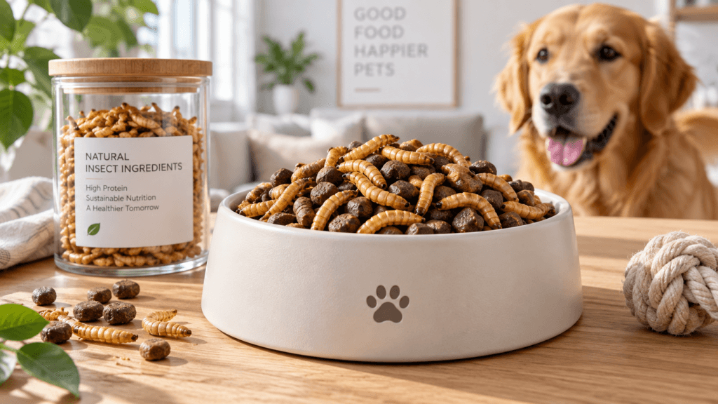 Super-premium hypoallergenic insect pet food kibble mixed with dried mealworms in an upscale ceramic bowl.