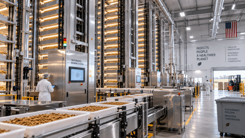 Automated rearing and drying systems operated by leading north american insect companies.