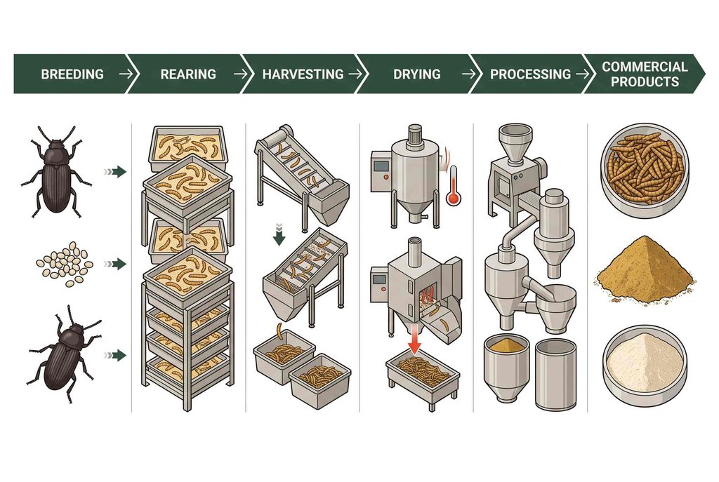 Mealworm industry production chain from rearing to commercial products