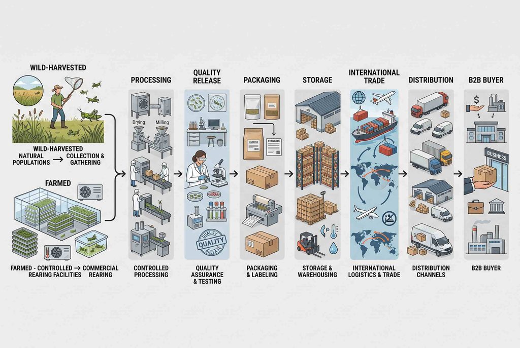 Grasshopper supply chain from sourcing and processing to quality release and distribution