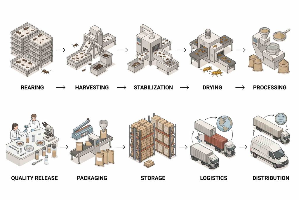 Cricket supply chain from rearing and processing to quality release and distribution