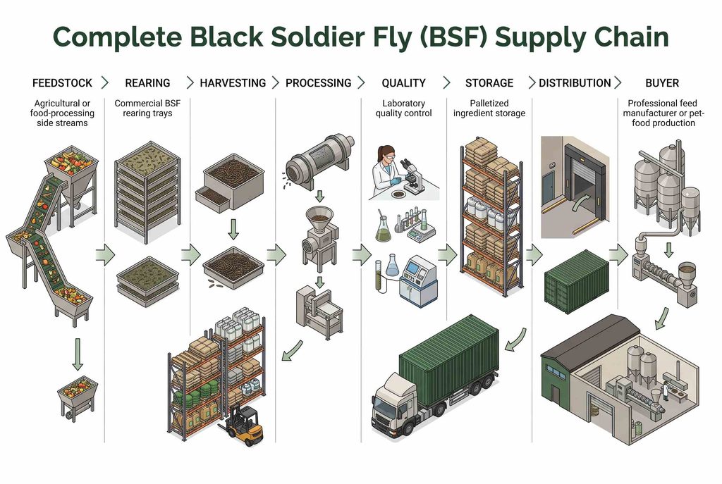 Black soldier fly ingredients prepared for international B2B distribution