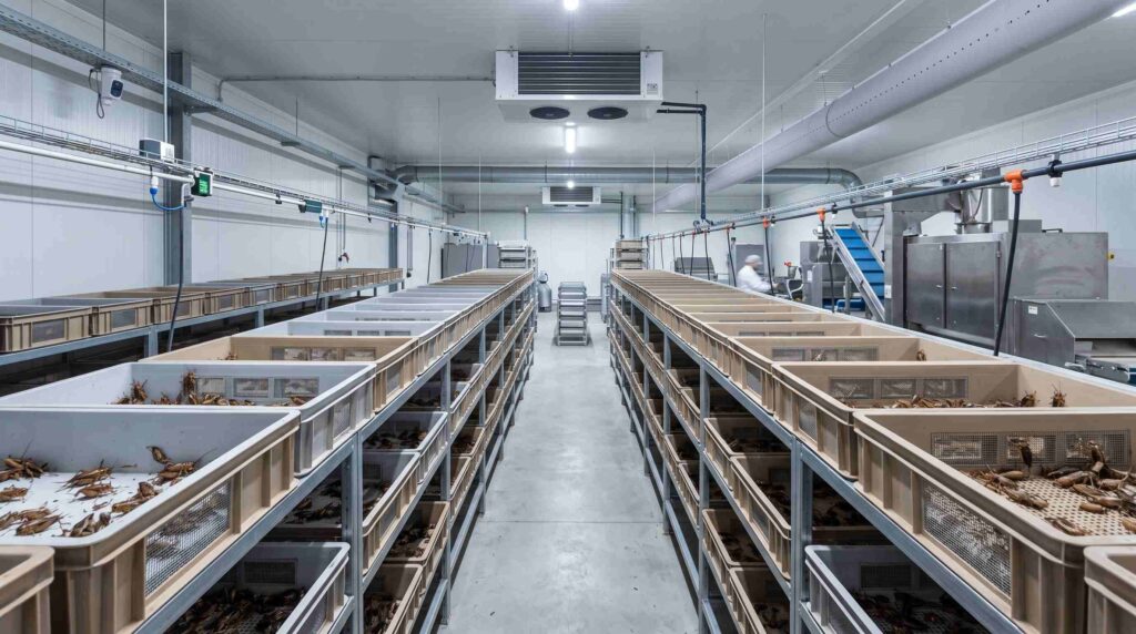 Cricket production process from breeding and rearing to harvesting and processing