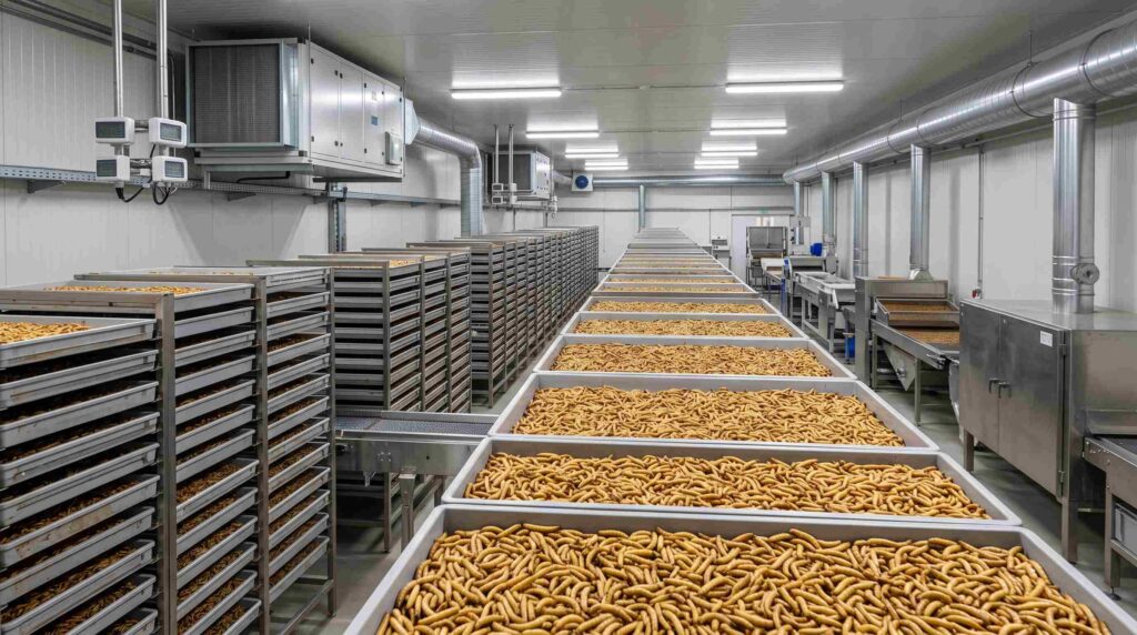 Commercial mealworm production using controlled rearing and processing systems