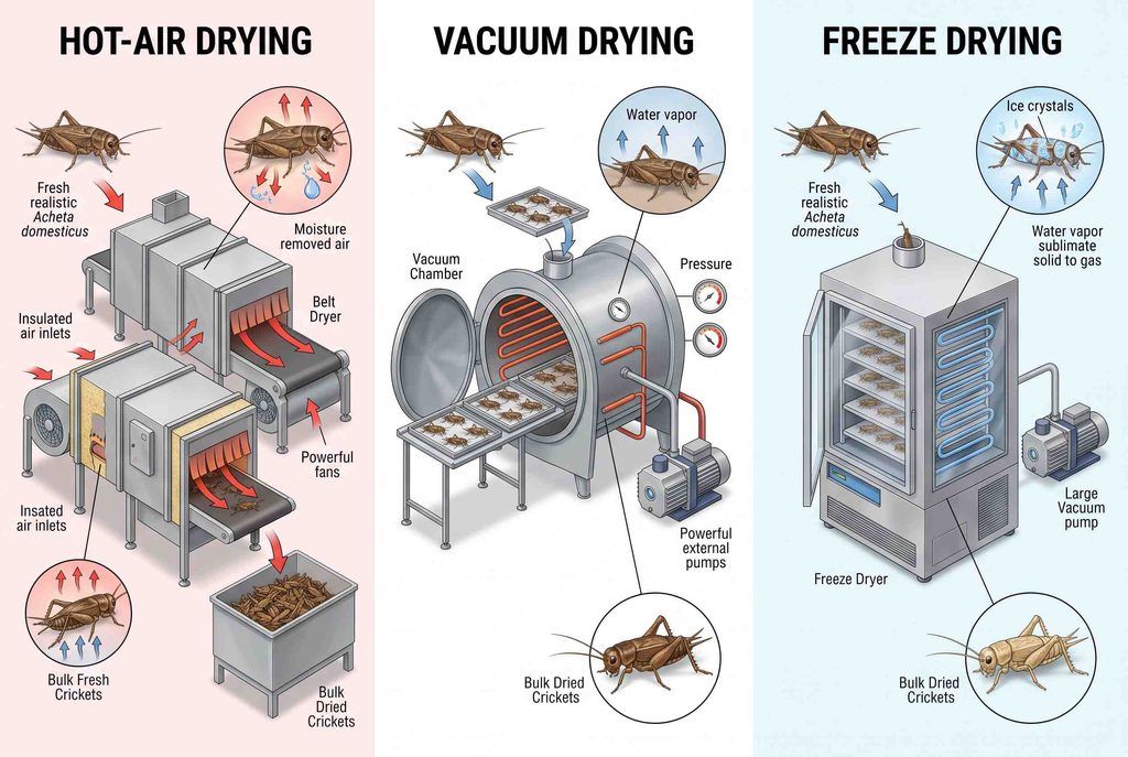 Cricket production using hot-air vacuum and freeze drying technologies