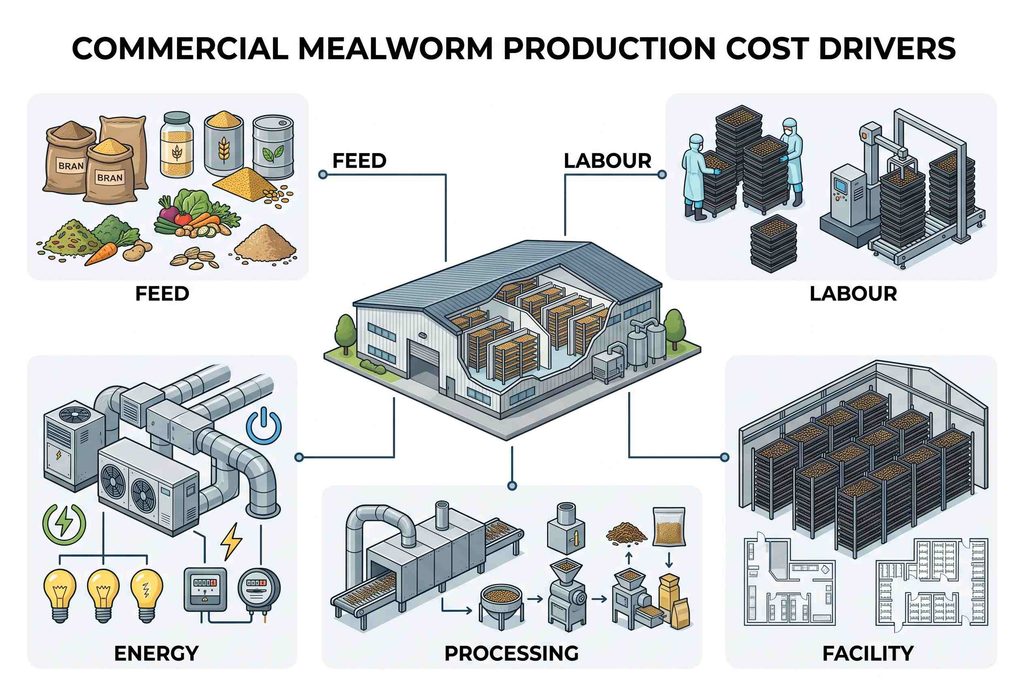 Mealworm production cost drivers including feed labour energy and processing