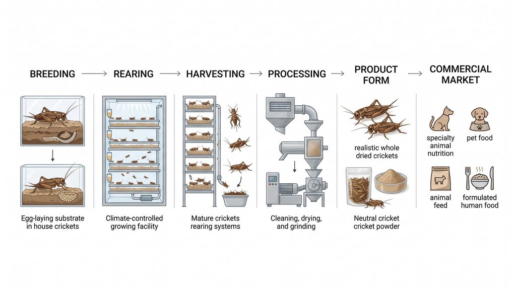 Cricket industry chain from commercial rearing to whole crickets and processed ingredients