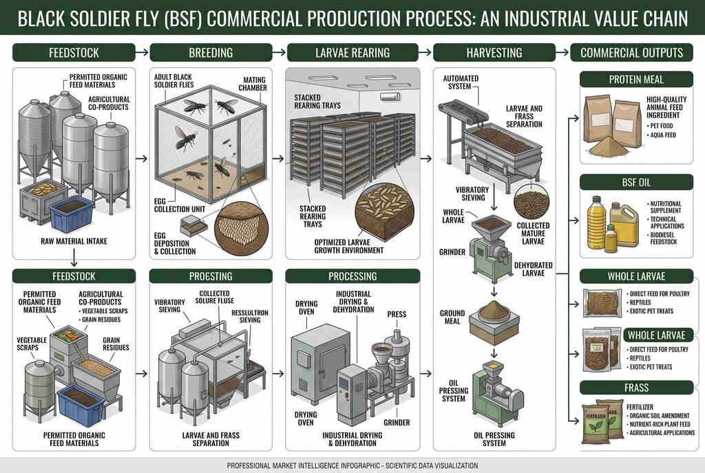Black soldier fly production process from feedstock to commercial outputs