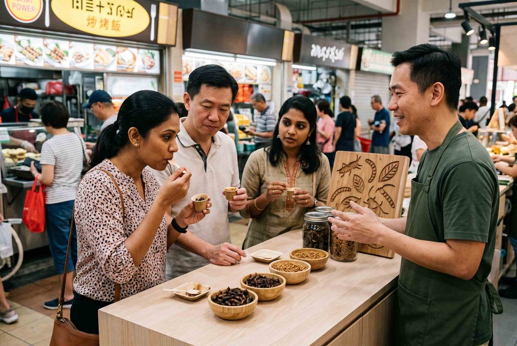 Consumers sampling edible insects in Singapore