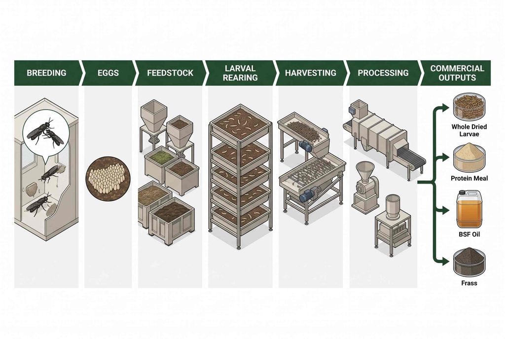 Black soldier fly production process from breeding to processing