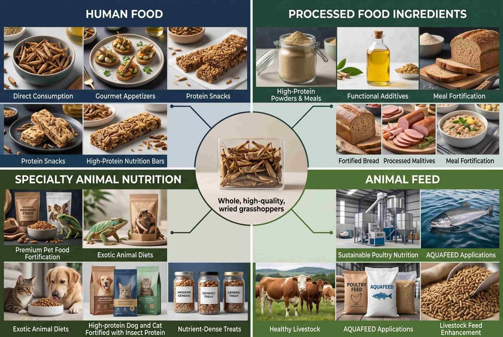 Grasshopper industry applications across food specialty animal nutrition and feed