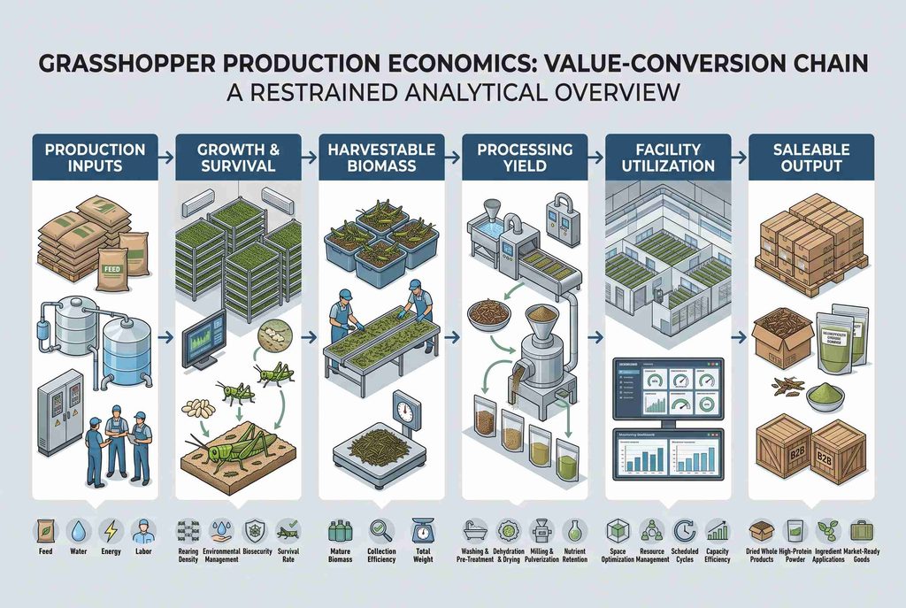 Grasshopper production cost relationship with survival yield processing and facility utilization