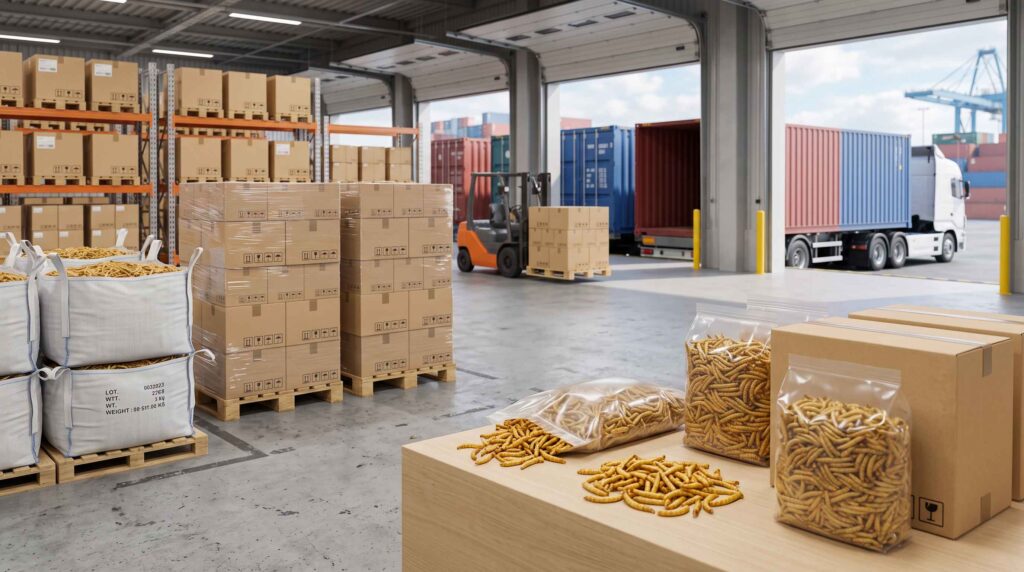 Mealworm supply chain from commercial production to ingredient distribution