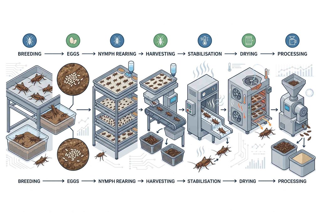 Cricket production process from breeding and rearing to harvesting and processing