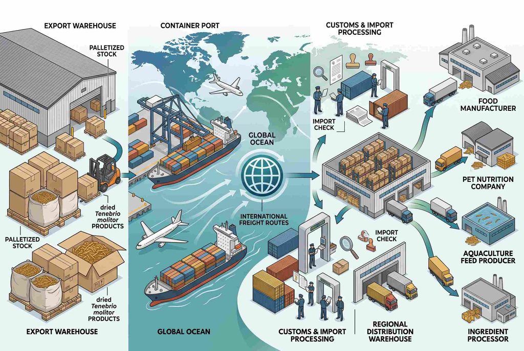 Mealworm supply chain for international trade and ingredient distribution