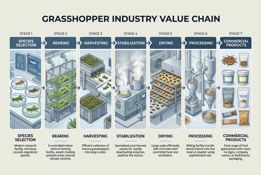 Grasshopper industry chain from production and harvesting to commercial products