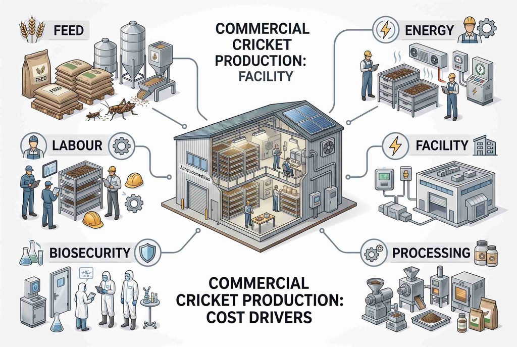 Cricket production cost drivers including feed labour energy facility and processing