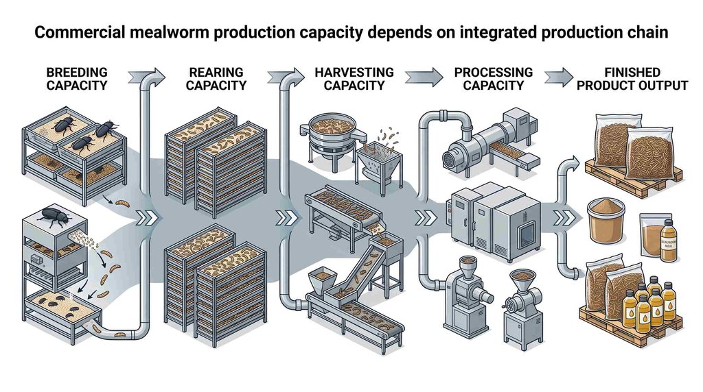 Mealworm production capacity across rearing harvesting drying and processing