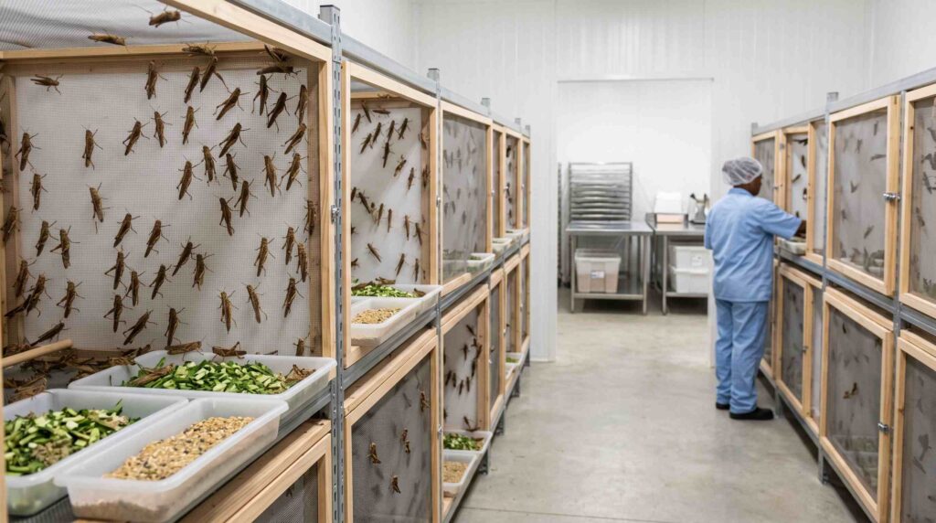 Grasshopper production in a controlled commercial farming and processing system