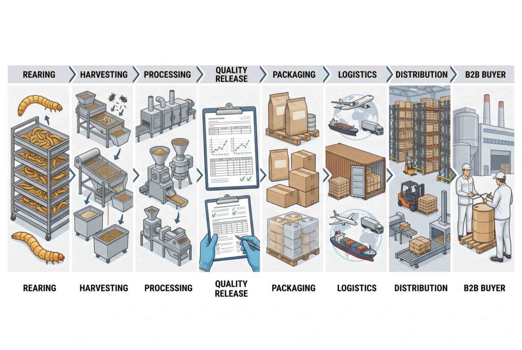 Mealworm supply chain from rearing and processing to B2B buyers