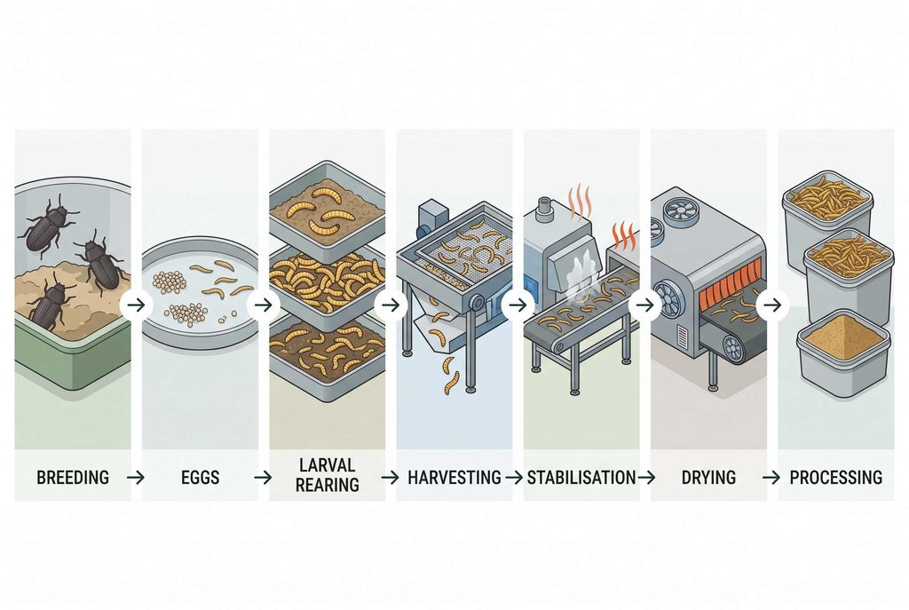 Mealworm production process from breeding and rearing to harvesting and processing