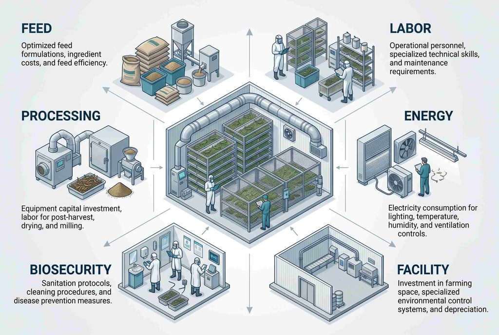 Grasshopper production cost drivers including feed labor energy facility and processing