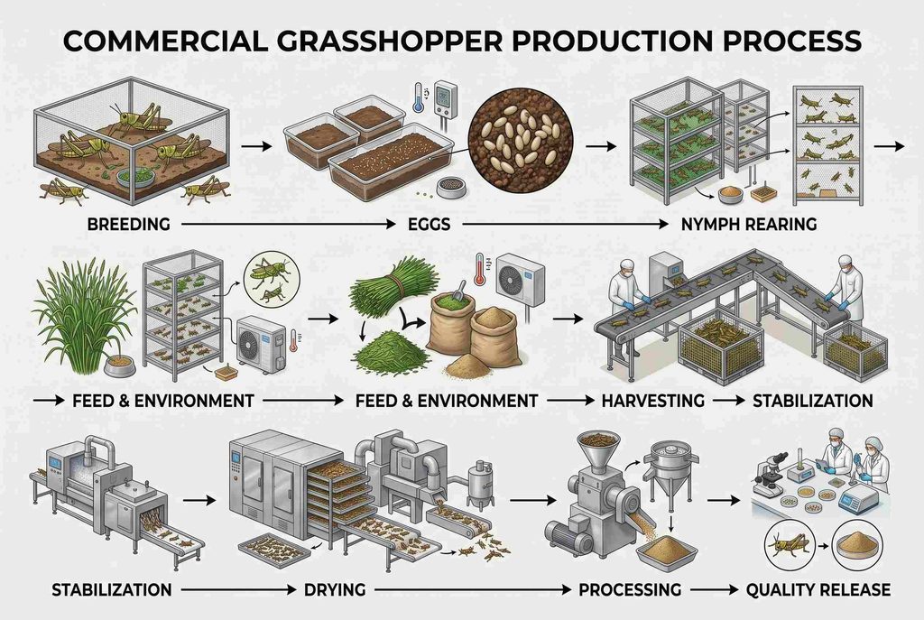 Grasshopper production process from breeding and rearing to harvesting and processing