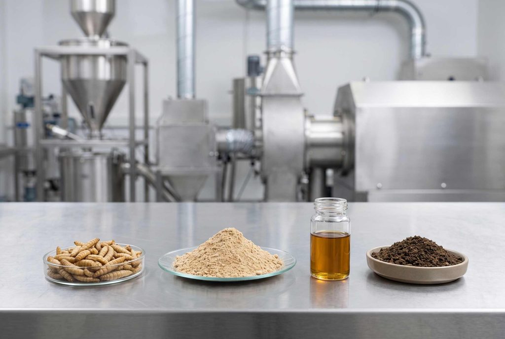 Black soldier fly processing products including meal oil larvae and frass