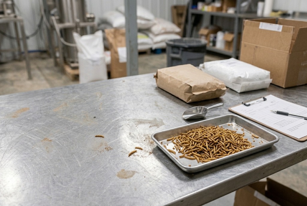 Whole dried insects specifications checked using batch COA records and commercial packaging samples