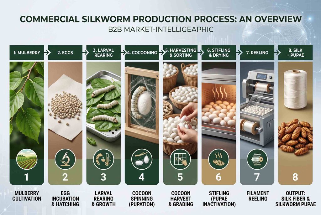 Silkworm production process from mulberry cultivation and larval rearing to cocoon processing