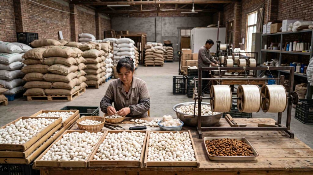 Silkworm supply chain from cocoon production and processing to silk and ingredient distribution