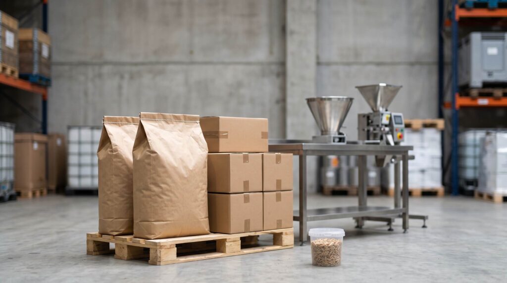 Housefly larvae supply chain from processing to ingredient distribution