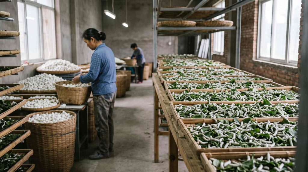 Silkworm production from mulberry feeding and commercial rearing to cocoon processing