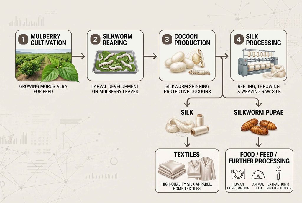 Silkworm industry value chain from mulberry cultivation and cocoon production to silk and pupae
