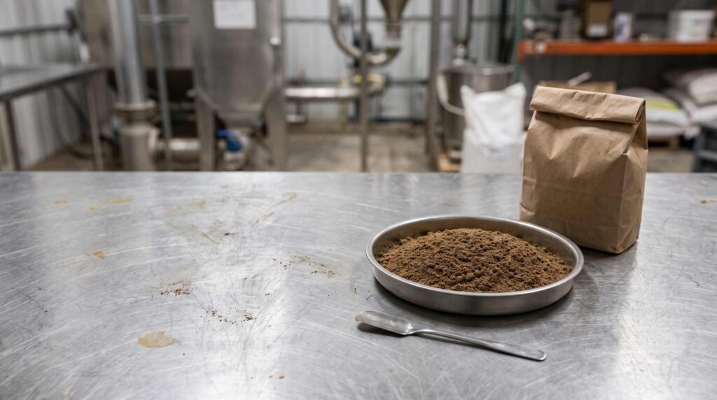 Defatted BSFL meal commercial protein ingredient in a stainless steel inspection tray