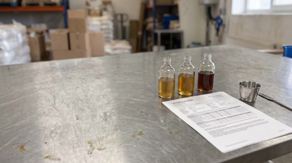 BSFL oil quality testing with amber oil samples and laboratory documentation