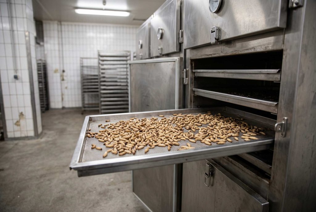 Post-harvest processing converts fresh housefly larvae into more stable commercial product formats.