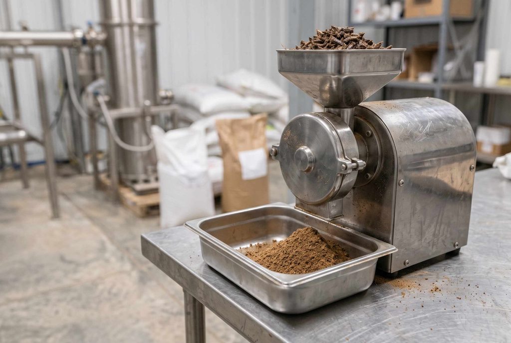 Industrial cricket meal processing with stainless-steel milling equipment
